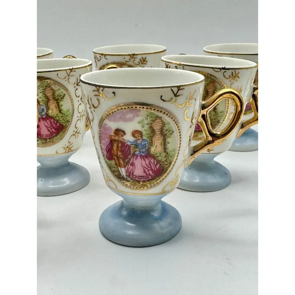 Vintage Japan Demitasse Cups Set of 8‎ Blue Gold Courting Couple Porcelain